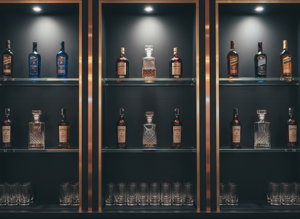 A dramatic, cinematic bar back-shelf close-up in a Jinhae host bar, rendered in photographic realism with no human presence. Tall glass shelves hold meticulously organized premium liquor bottles in various jewel tones, their labels abstracted and unrecognizable. Between them, geometric glass decanters catch the light, while crystal tumblers and highball glasses line the lower shelf in perfect symmetry. Deep charcoal wall panels and subtle metallic accents frame the scene. Focused spotlights from above create sharp highlights and soft reflections, with a dark, velvety background fading to shadow. Captured with a shallow depth of field and centered composition, the image conveys high-end quality, attention to detail, and a bold, refined nightlife experience suitable for a 24-hour service venue.