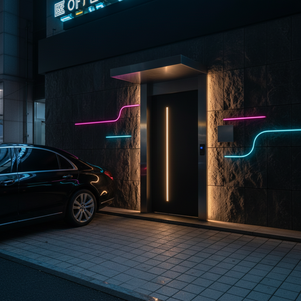 A nighttime street-level exterior view of a discreet, modern host bar entrance in Gimhae, shown in photographic realism and completely empty of people. A sleek black door with a soft, glowing vertical light strip stands under a minimal canopy, surrounded by dark stone walls. Abstract neon accents in magenta and cyan hint at a vibrant interior without using text or logos. A polished black sedan is parked near the curb, subtly suggesting pickup service. Cool urban streetlights mix with the warm glow from the doorway, creating a bold, inviting contrast. Captured from a slightly low angle with leading lines from the sidewalk guiding the eye to the entrance, the mood is exclusive, stylish, and open all night.