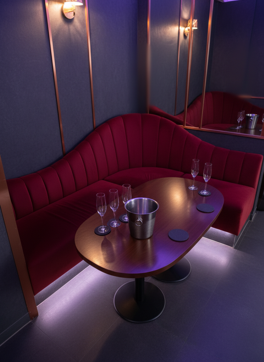 An elegant private booth inside a Masan host bar, designed specifically for women-only guests, shown without people in photographic realism. The centerpiece is a curved, high-backed velvet sofa in deep wine red, wrapping around a glossy dark-wood table. On the table sit sparkling, empty champagne flutes, a chilled metal ice bucket, and minimalist coasters, all meticulously arranged. Subtle LED strip lighting runs along the base of the seating and wall panels, casting a soft purple and blue glow that reflects gently off metallic accents. The background shows textured dark walls and a hint of other booths, blurred with bokeh. Shot from a slightly elevated three-quarter angle, the composition feels intimate, luxurious, and perfect for late-night gatherings, emphasizing comfort and privacy.