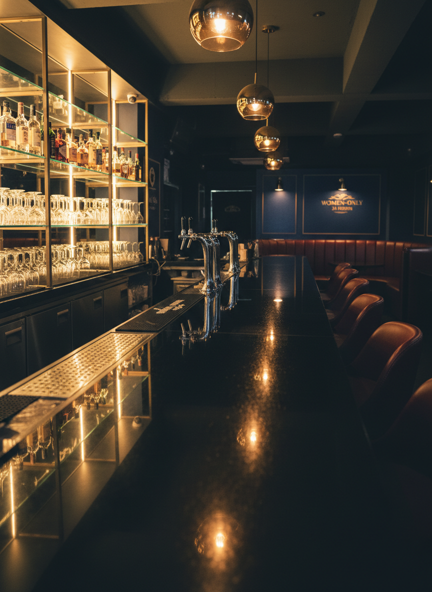 A sleek, dimly lit host bar interior in Changwon, captured in photographic realism without any people. The focus is on a long, glossy black counter with high-end chrome fixtures, rows of crystal-clear glassware, and neatly arranged premium liquor bottles glowing on backlit shelves. Deep navy and burgundy accents run through the space, with plush leather seating booths in the background. Warm pendant lights cast golden reflections on the bar surface, creating an intimate, luxurious nightlife atmosphere. Shot at eye level with a shallow depth of field, the foreground counter edge is in sharp focus while the rest of the bar subtly blurs, emphasizing sophistication and exclusivity for women-only guests, open 24 hours.