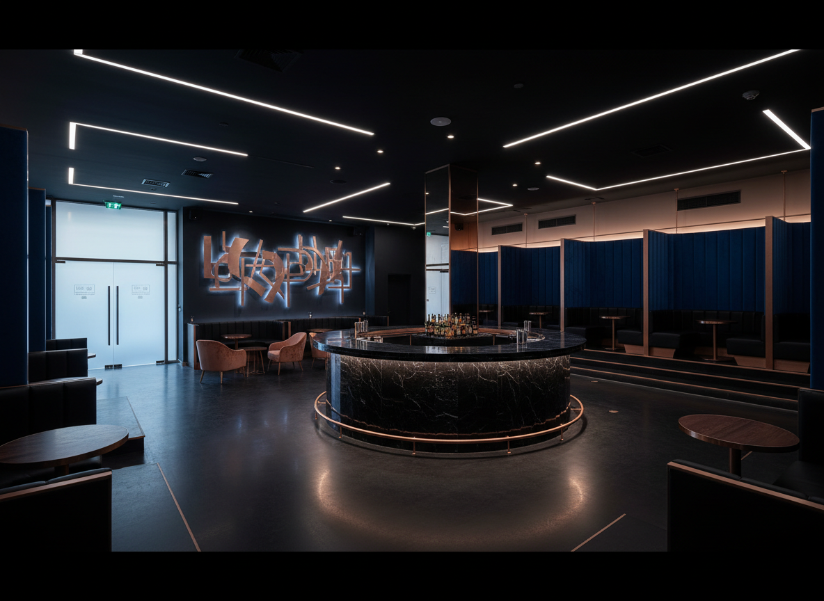 A wide, panoramic interior shot of a unified host bar concept connecting Changwon, Gimhae, Masan, and Jinhae, shown in photographic realism without any people. Multiple zones are visible: a dramatic central bar with a glowing underlit counter, intimate side booths with high partitions for privacy, and a small waiting lounge with plush armchairs near an abstract wall art installation. The color palette features deep blacks, midnight blues, and subtle rose-gold metallic accents. Overhead linear LED lights and concealed indirect lighting create layered illumination, with pockets of shadow adding depth and mystery. Shot from a slightly elevated corner angle with sharp focus throughout, the composition emphasizes spaciousness, modern luxury, and the idea of seamless 24-hour service with discreet, comfortable pickup and arrival areas.